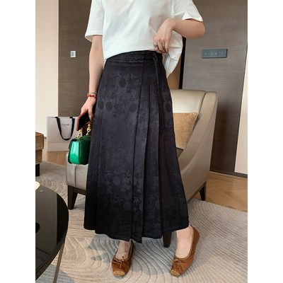 NAZ那子大码秋季新中式国风高腰百褶半身裙胖mm缎面提花马面裙女