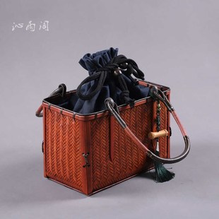 中国风茶具收纳包手工编织竹篮包竹节手提包复古风拎包气质女包包