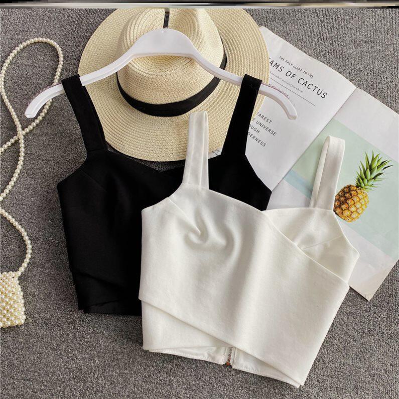 韩版女童弹力夏季无袖新款吊带后背拉链短款交叉抹胸时尚露脐背心