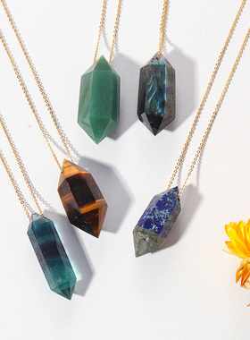 天然白水晶柱吊坠金色挂链女式简约双尖柱项链矿石饰品原石挂件