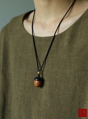 木眠 松雨淡实木松果吊坠老山檀配珠内置朱砂橡果项链礼物