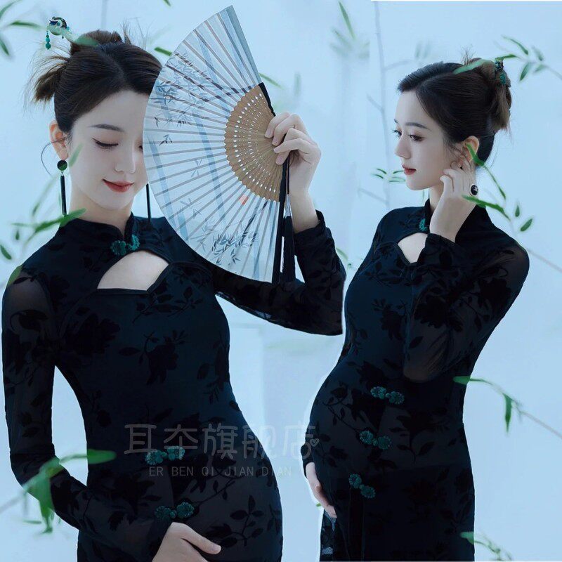 新款影楼孕妇拍照服装孕期妈咪照复古旗袍黑色艺术拍照写真连体裙