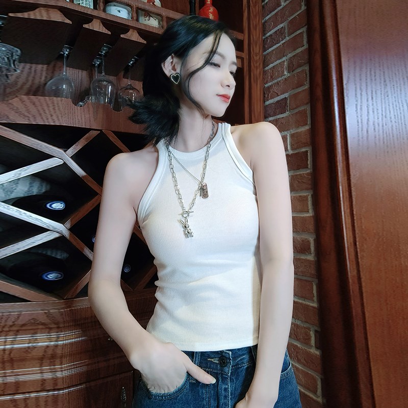 短款吊带内搭外搭大码运动小衫高级感上衣白色带胸垫挂脖背心女图片