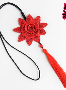民族风刺绣花朵长款项链复古国风百搭绳编挂饰流苏坠子毛衣链流苏