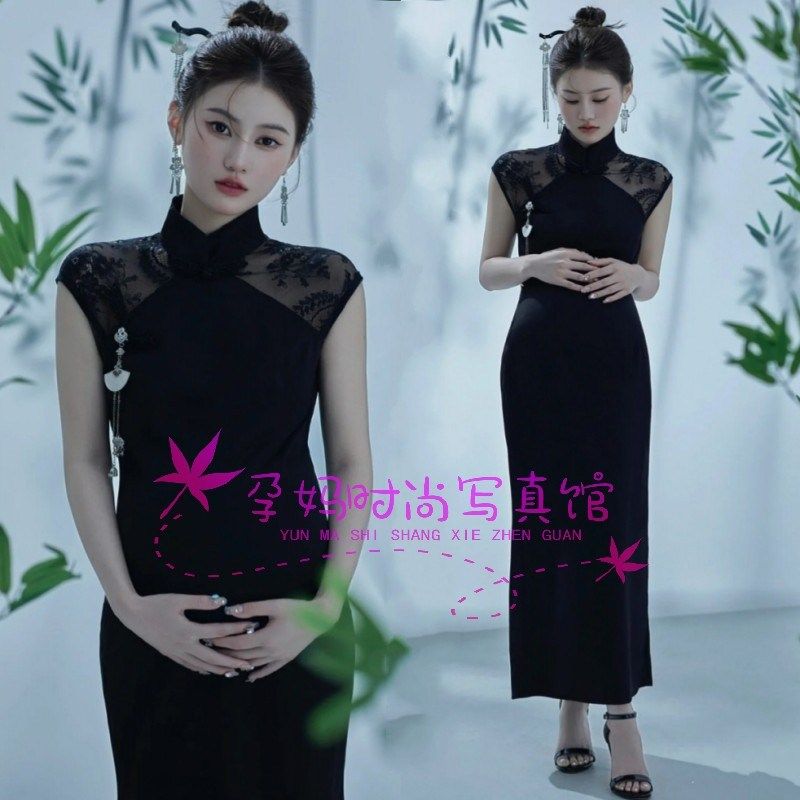 孕妇照服装新款影楼中国风中式复古黑色丝绒高级旗袍艺术拍照礼服