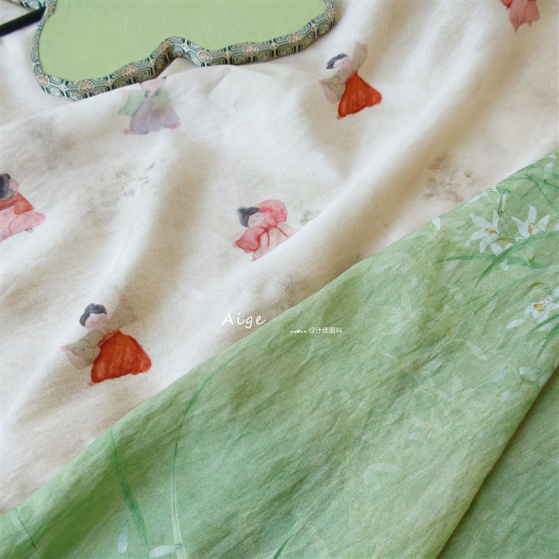 夏季薄款天丝麻新中式连衣裙面料仕女图兰花印花国风旗袍汉服布料