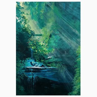 丁达尔效应手绘油画客厅抽象绿色森林风景落地装饰画玄关肌理挂画