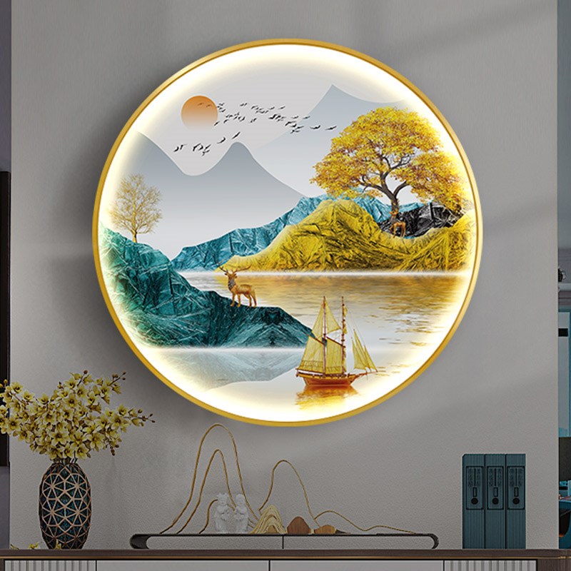 轻奢现财麋鹿装饰画LED圆形发光灯画新中式入户玄关对门壁画图片