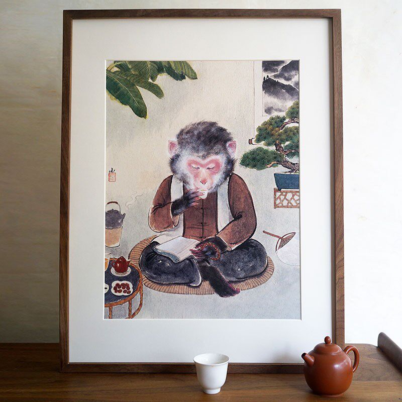 皇小小 猴子喝茶 生肖猴装饰画客厅餐厅挂画沙发背景墙