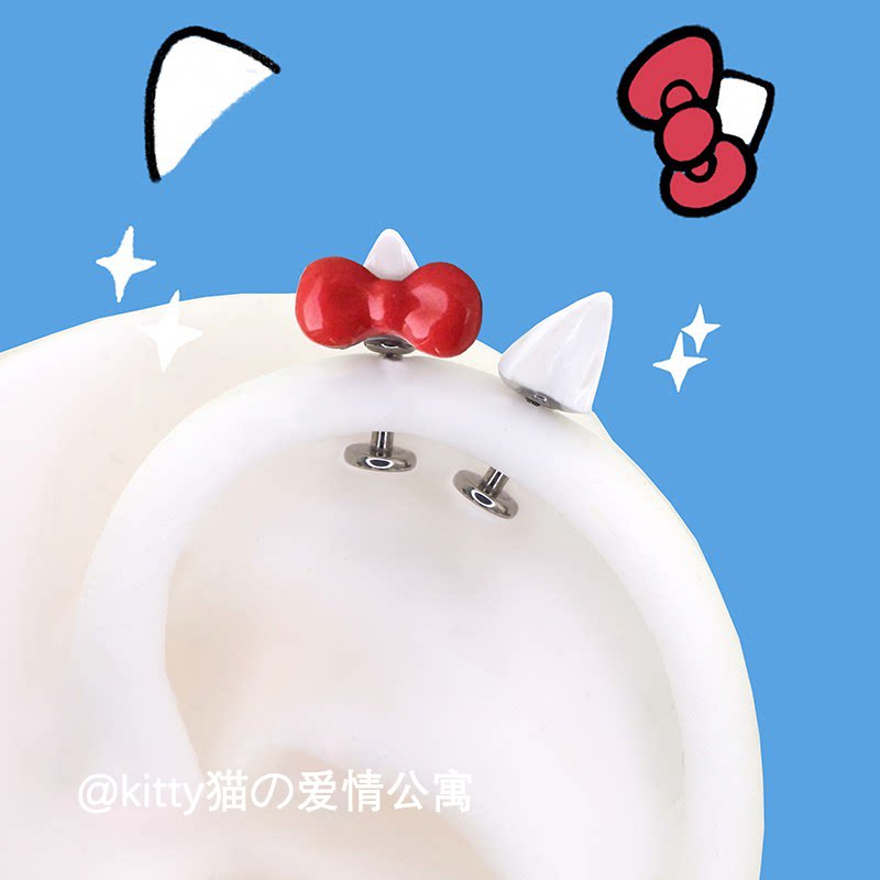 钛钢小猫耳蝴蝶结平底耳钉图片