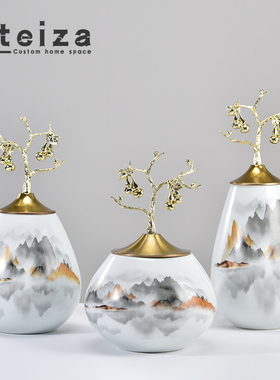 Oteiza新中式创意陶瓷金属罐子摆件样板间隔断层客厅玄关处装饰品