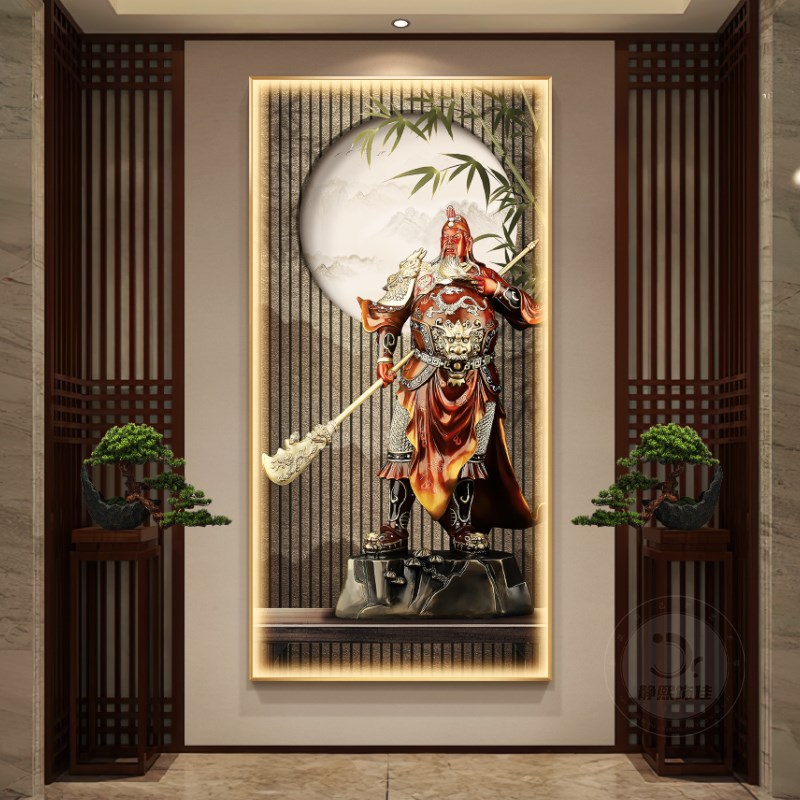 新中式关公玄关装饰画像武财神关二爷神像挂画关羽中堂背景壁灯画