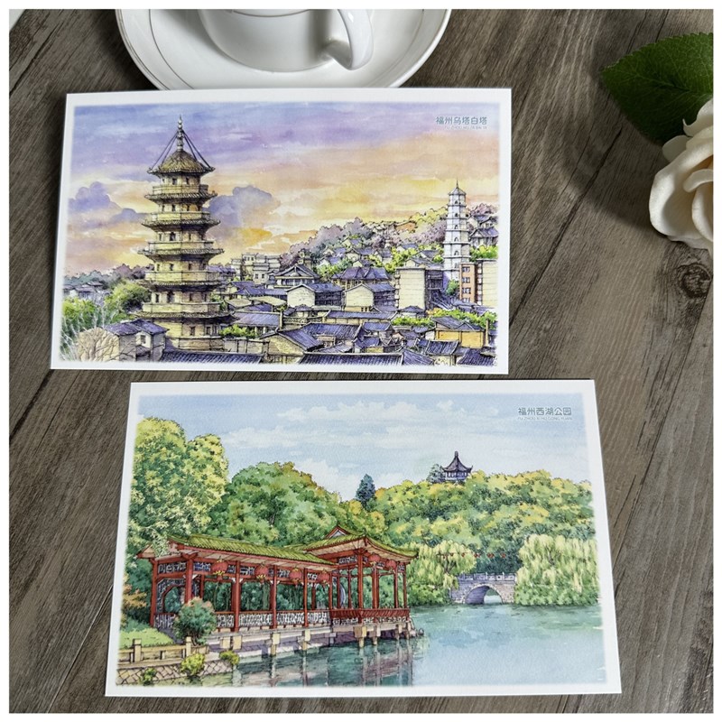 手绘福州明信片三坊七巷旅游纪念品乌塔白塔西湖公园镇海楼古建筑