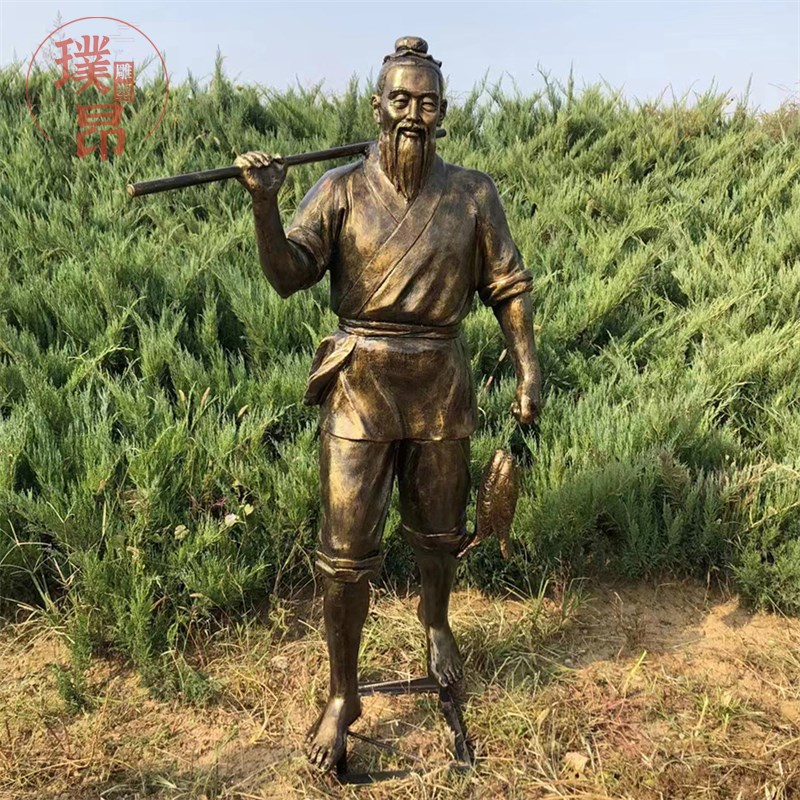 彷铜渔夫玻璃钢雕塑 古代捕鱼人物雕像 传统鱼鹰鸬鹚打鱼渔民摆件