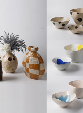 复古陶瓷手绘格子圆点线条花瓶摆件现简约客厅果盘花盆装饰