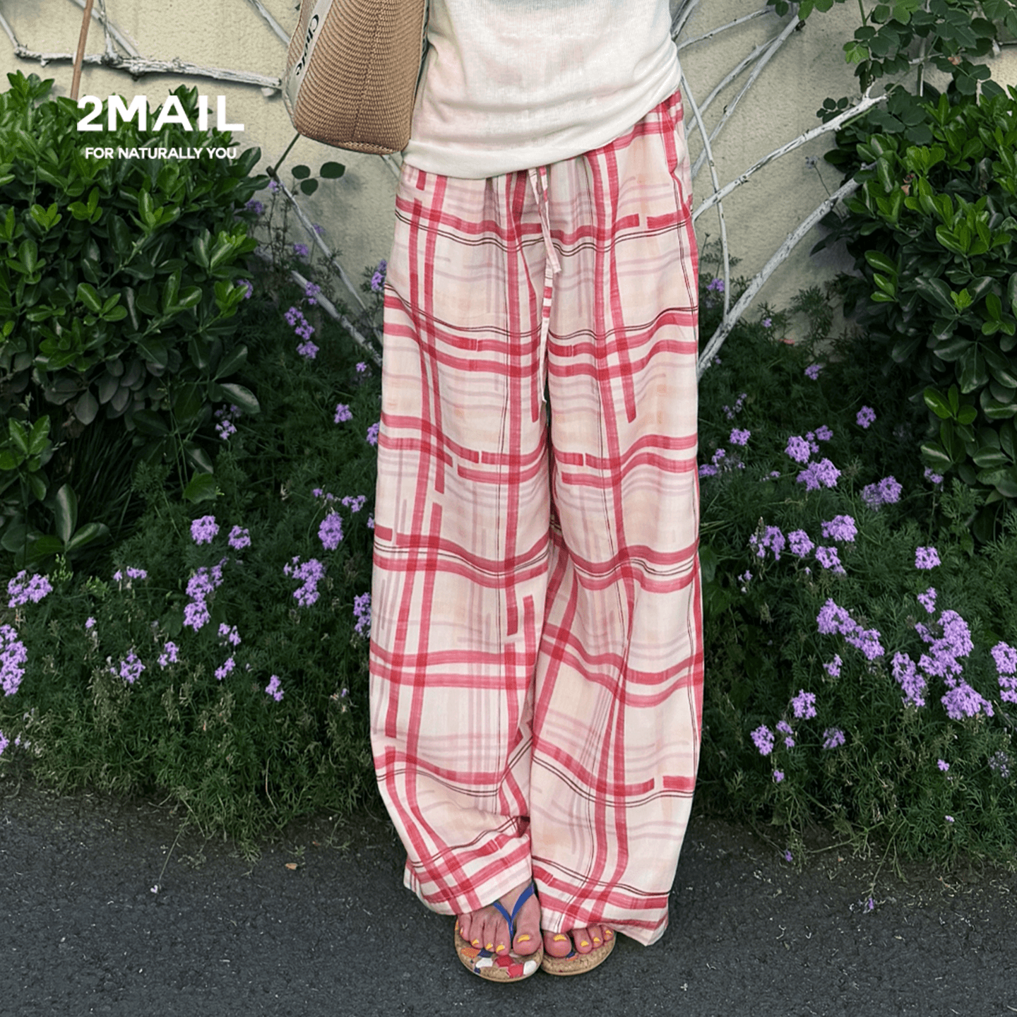 夏季新高腰显瘦撞色格纹阔腿裤女