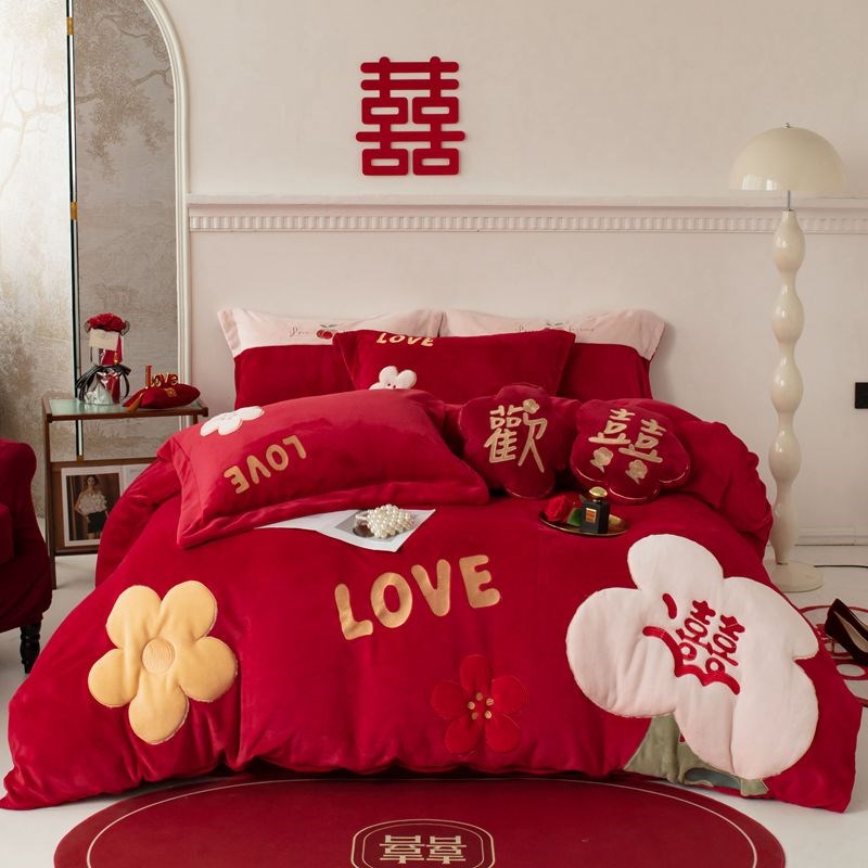 甜蜜欢喜贴布绣秋冬款红色法兰绒加厚床单