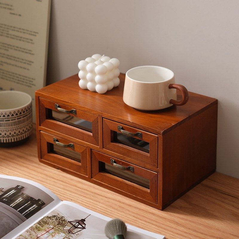 复古桌面收纳盒实木增高架品整理宿舍书桌储物盒抽屉式,收纳整理,桌面收纳盒,淘宝优惠券,粉丝福利购,淘宝优惠卷