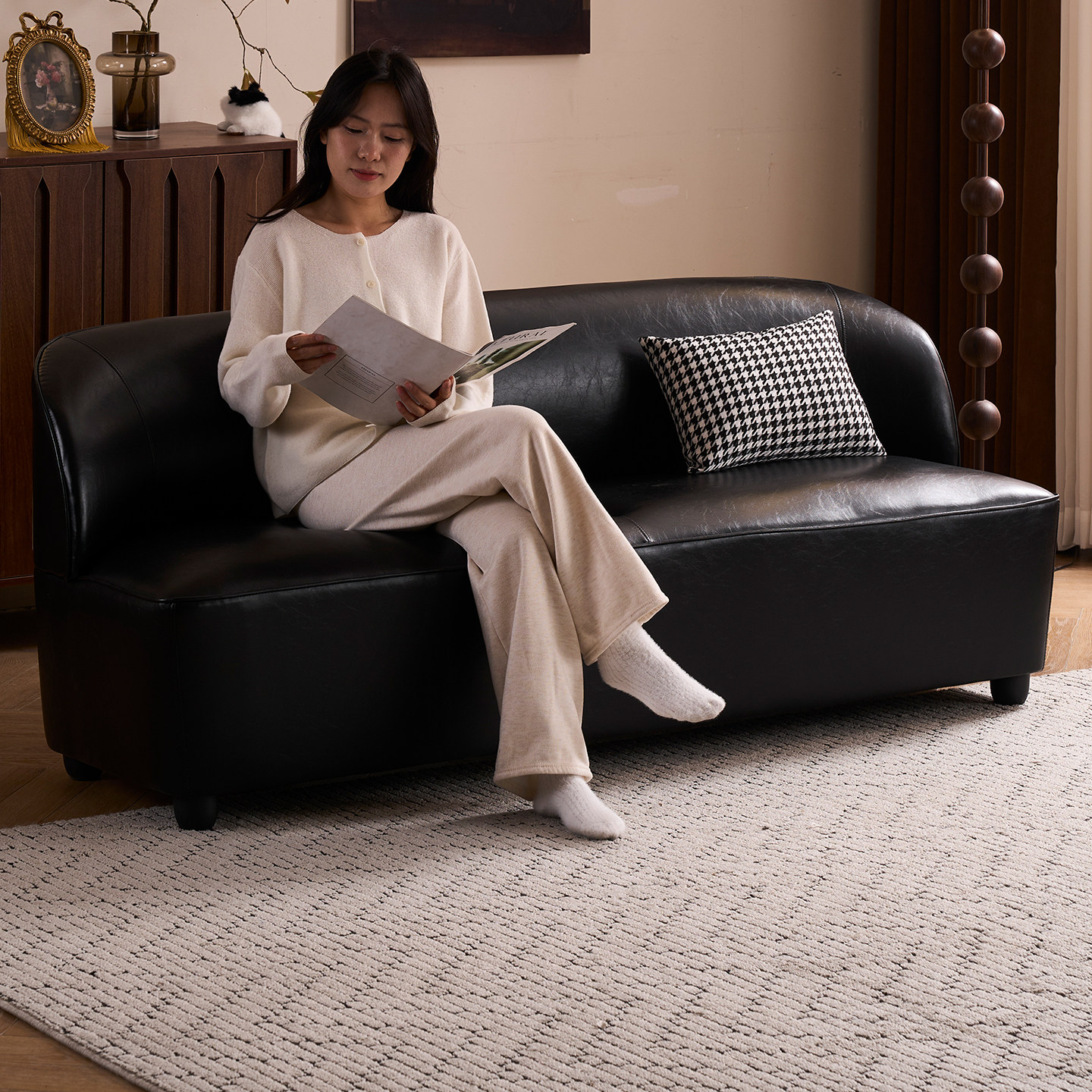 黑色复古油蜡皮双人沙发客厅卧室服装店休息接待区小户型皮艺沙发,住宅家具,布艺沙发,淘宝优惠券,粉丝福利购,淘宝优惠卷