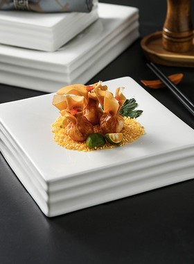 纯白色蛋糕点心陶瓷托盘横纹正方形长四方柱酒店餐厅特色餐具摆盘