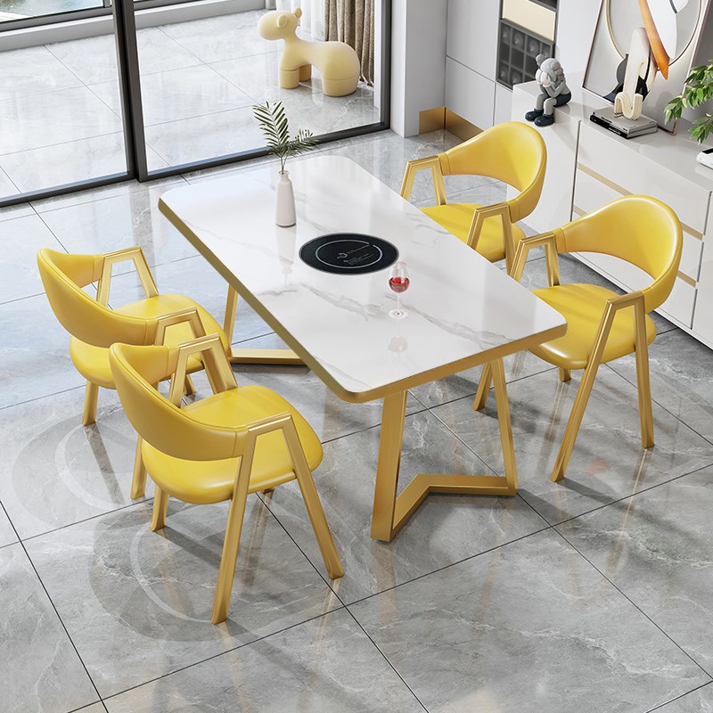 高端轻奢石板餐桌火锅桌炉商业串矩形餐厅餐桌和椅子组合