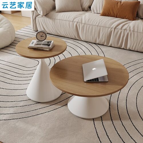 2024新款原木风茶几家用客厅小户型圆形实木网红岩板可移动小桌子