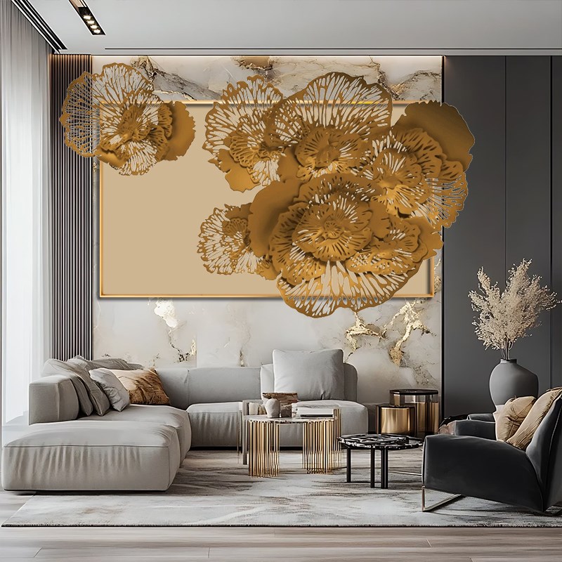 现代轻奢装饰画酒店别墅客厅背景墙挂画金属立体铁艺芙蓉艺术装置图片