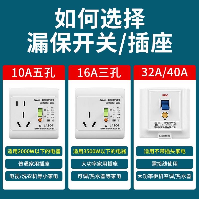 家用漏保开关3p16A三孔漏保插座空调电热水器漏电保护器插头