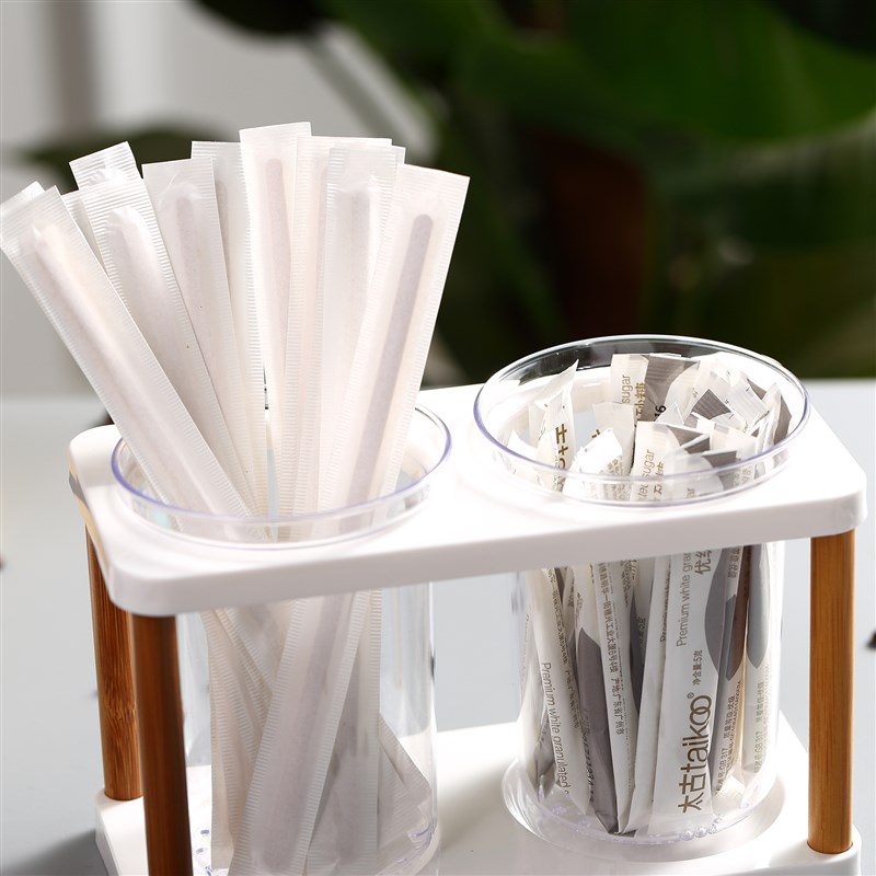 桌面餐具收纳盒家用筷子笼 咖啡搅拌棒整理置物架吸管筒 双筒木制