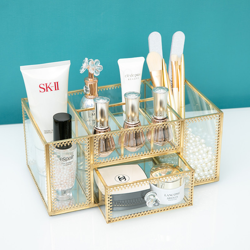 网红收纳盒金边透明玻璃桌面品置物盒店饰品工具笔筒,收纳整理,桌面收纳盒,淘宝优惠券,粉丝福利购,淘宝优惠卷
