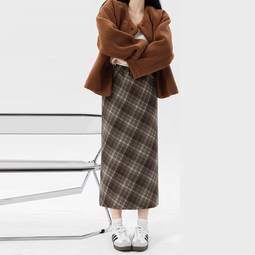 格子毛呢高腰复古半身裙