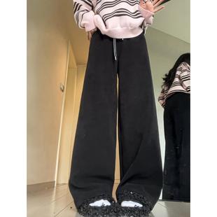 加绒黑色灯芯绒阔腿裤 女秋冬2025垂感直筒羊羔绒东北加厚保暖棉裤