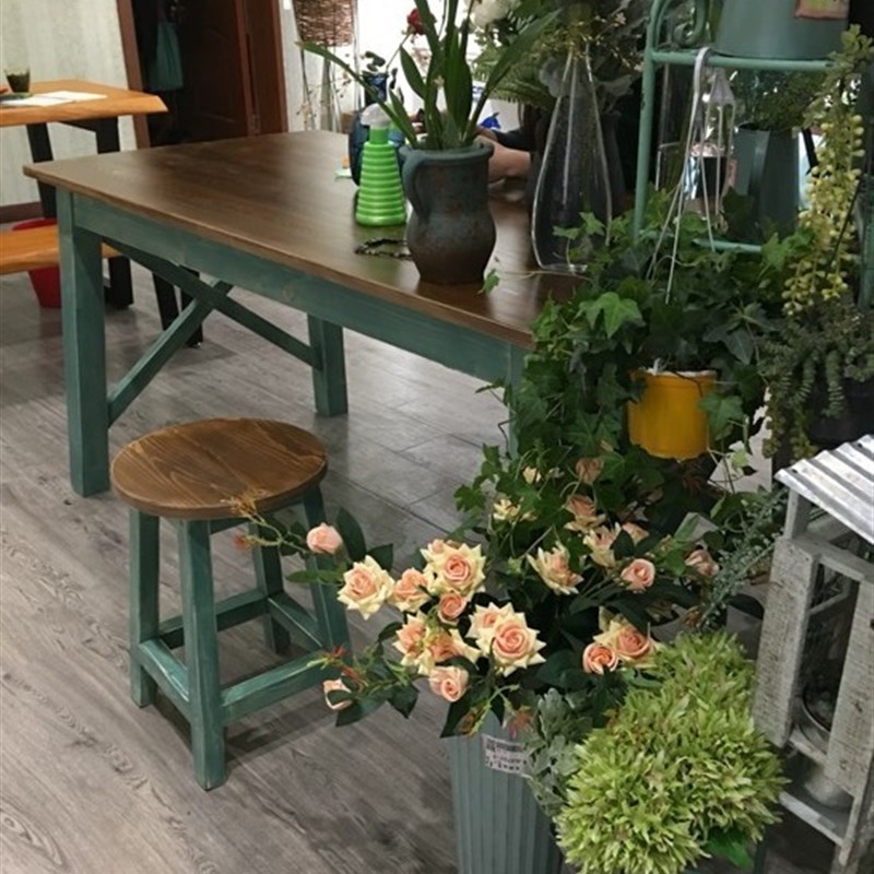 实木桌子快餐椅子组合餐饮店花店艺术包花桌工作台复古彩色餐桌椅