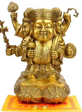 铜三面大黑天运摆  三面财神摆件件 八财铜摆件