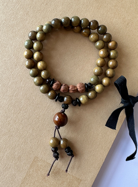 纯天然绿檀木手串双圈叠戴紫金鼠圆珠佛珠念珠长款手持文玩手链女