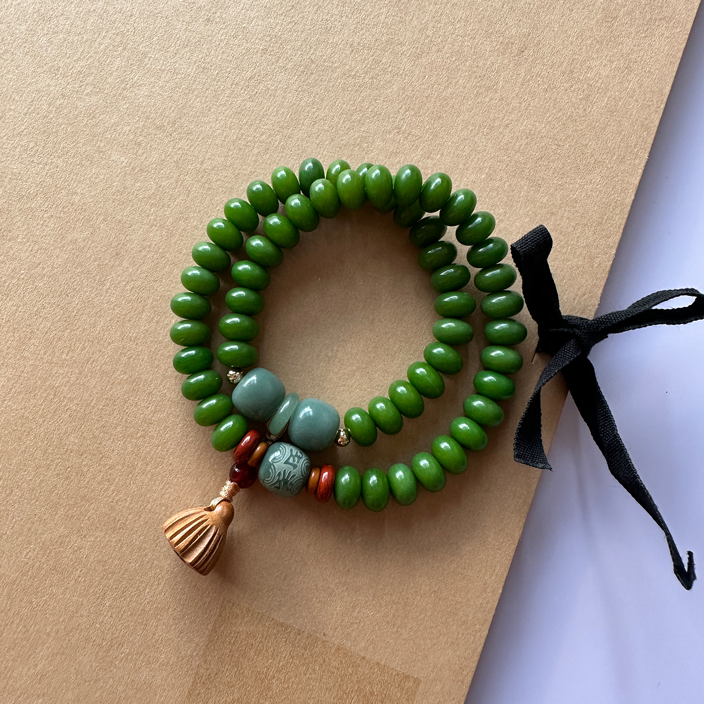 女士纯天然菩提手串绿色双圈叠戴菩提根手链佛珠念珠手持文玩手串