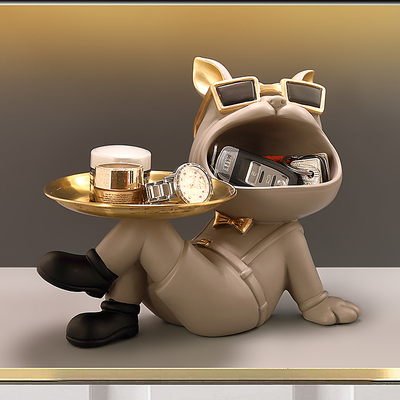 法斗犬放钥匙收纳奢件玄关入户置物托盘轻摆现客口大厅狗装饰品