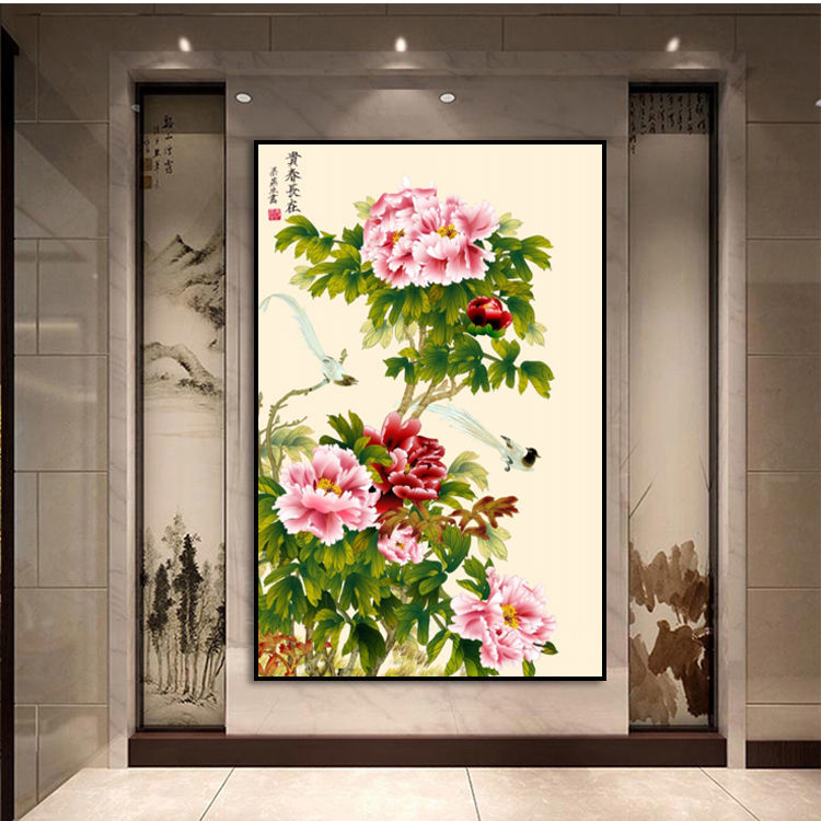 牡丹花装饰画入户玄关竖版走廊过道壁画花开富贵图新中式客厅挂画图片