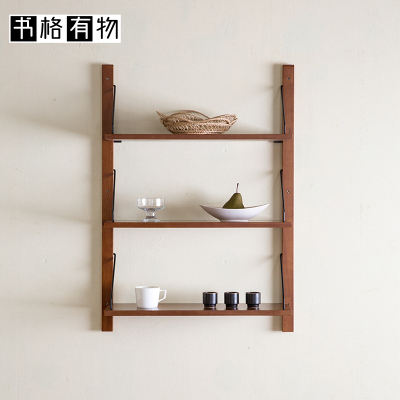 日式书房茶室书架置物架实木隔板架客厅墙上装饰架复古展示架壁挂