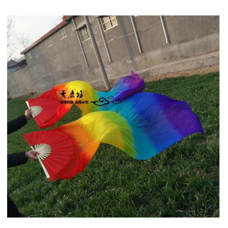 真丝肚皮舞扇子双扇彩色长绸扇竖七彩虹加长舞蹈长扇子七彩跳舞扇
