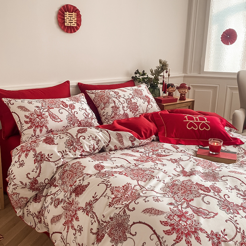 奢华婚庆四件套大红色床单被套欧式新婚全棉结婚床上用品