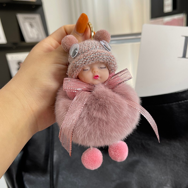可爱獭兔毛睡梦娃娃汽车钥匙扣挂件网红毛绒公仔玩偶包包皮草挂饰