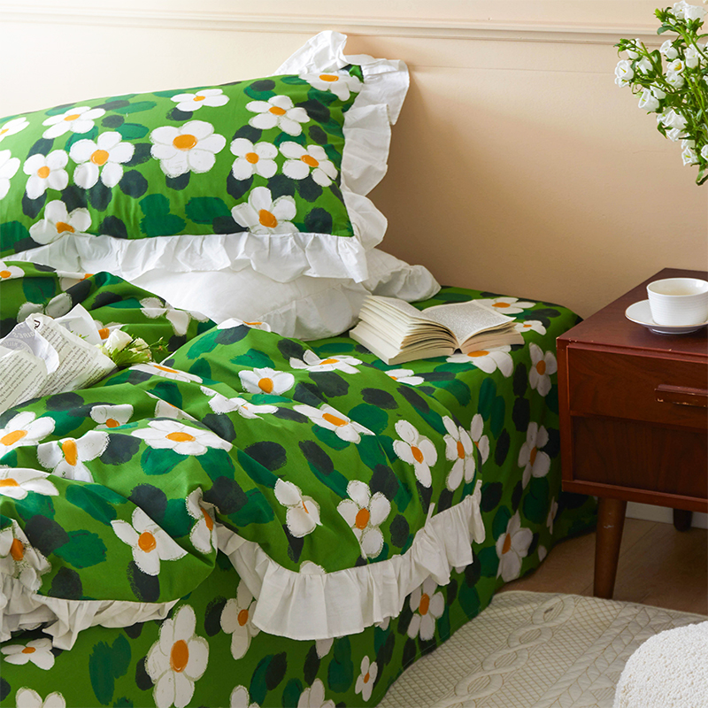 法式小清新花边款四件套荷叶边绿色花全棉学生宿舍床单三件套