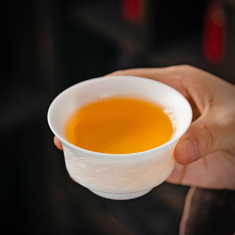 新中式素烧冰种主人杯缠枝莲羊脂玉浮雕单杯品茗杯送礼品茶盏茶杯
