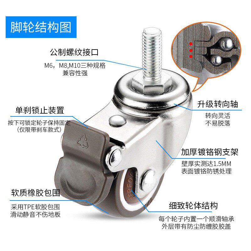 静音万向轮M6M8M10丝杆滚轮带刹车1寸螺丝滑轮转向轮脚轮万向轮子