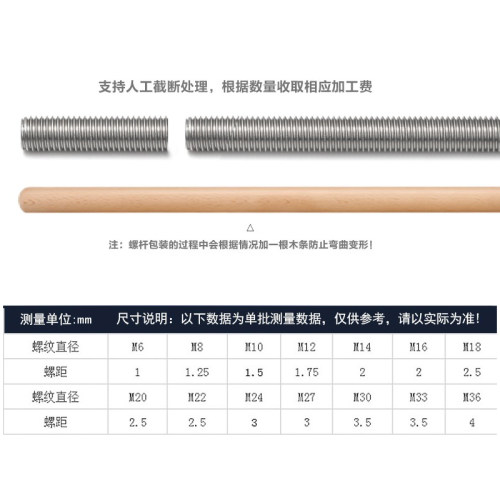 1米304不锈钢非标细牙螺丝杆牙条M8M10M12M14M16M20M30x1x1.5x2mm