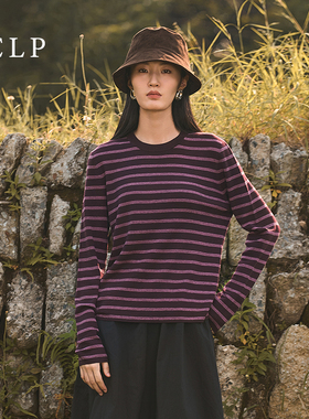 JCLP金纯良品【卢昱晓同款】美丽诺羊毛经典条纹针织衫圆领长袖T