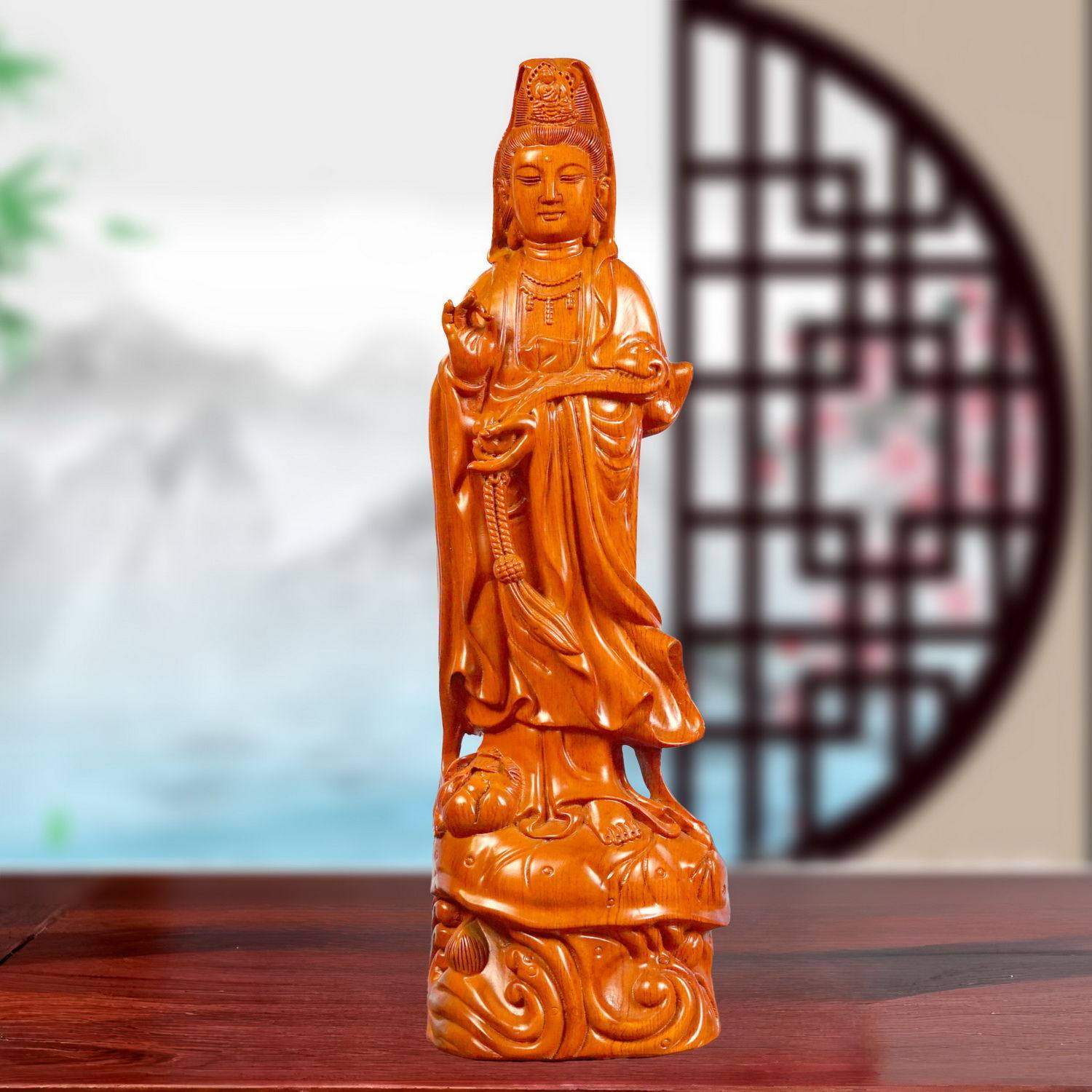 花梨木实木雕刻如意莲花观音菩萨佛像观音摆件客厅红木工艺品定制
