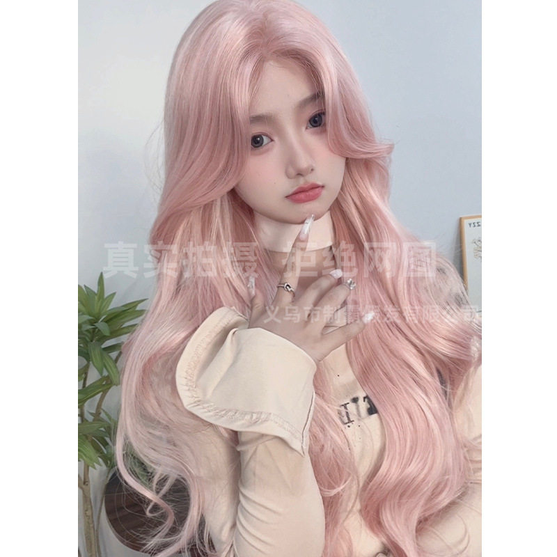 批发假发女长发时尚前额蕾丝新款粉色自然中分甜美可爱卷发全头套