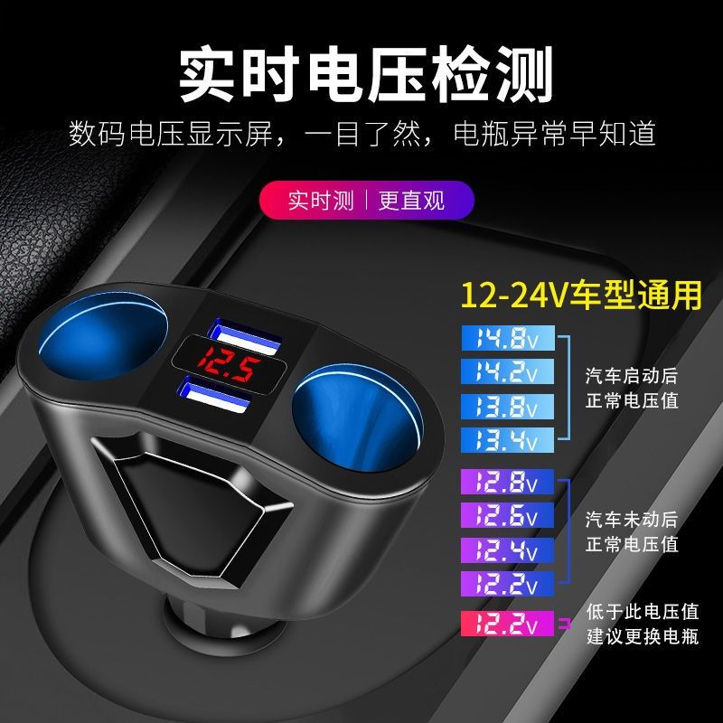 车载充电器点烟器一拖二点烟孔大功率双USB车充电压检测车充通用